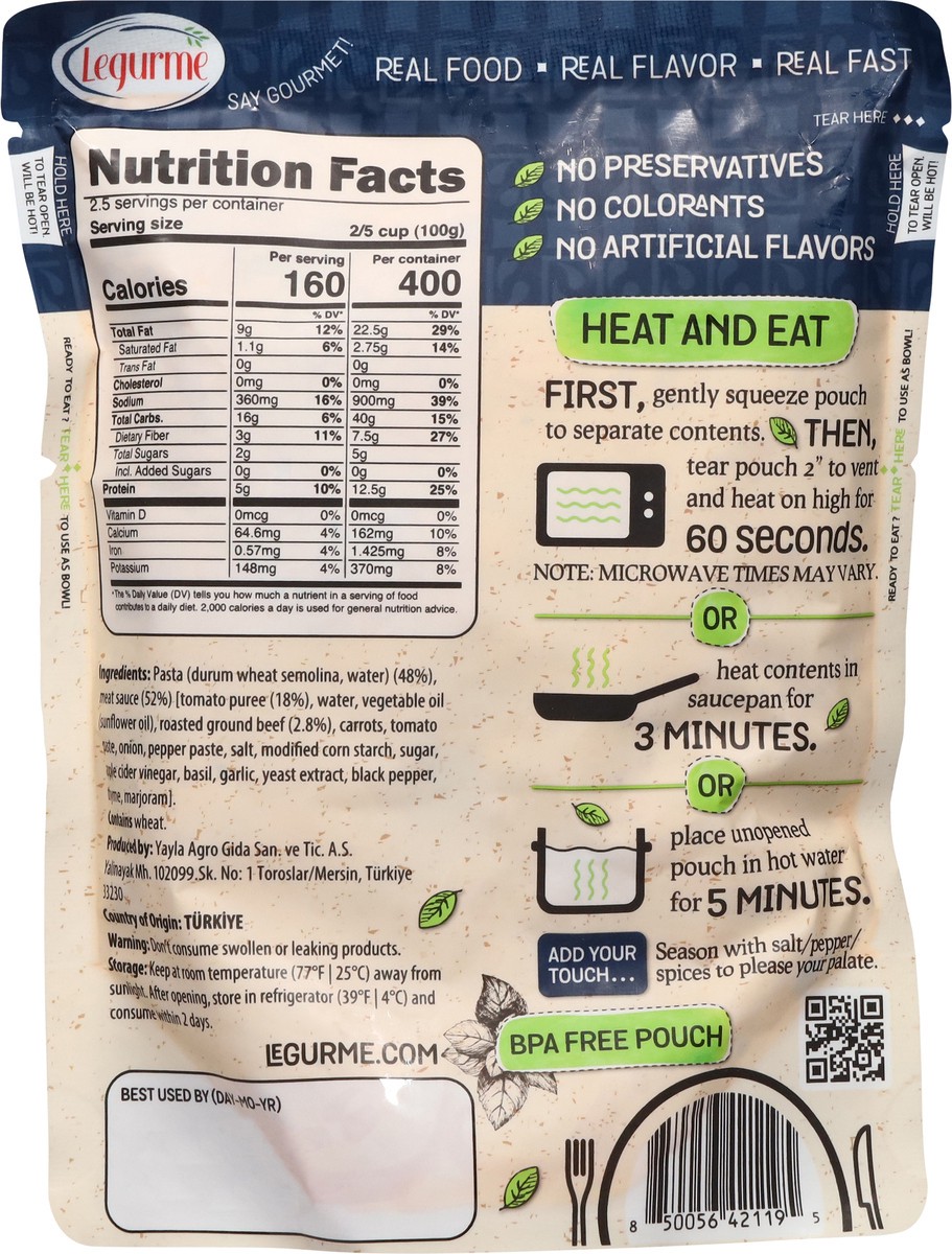 slide 12 of 13, Legurme Mediterranean Meals Pasta with Meat Sauce 8.8 oz, 8.8 oz