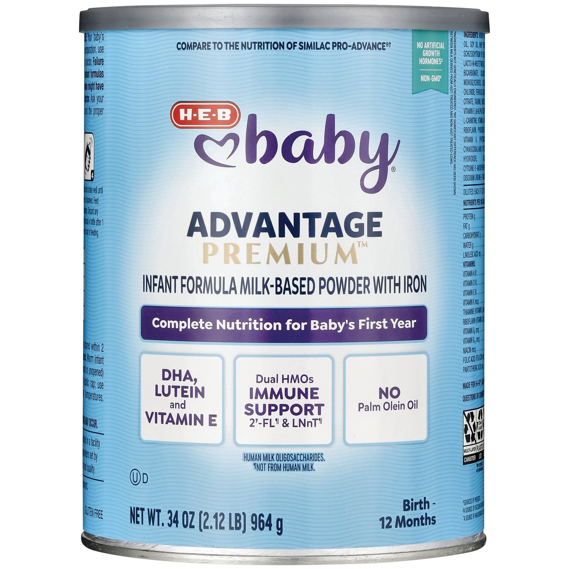 slide 1 of 1, H-E-B Baby Milk-Based Powder Infant Formula - Advantage Premium, 34 oz