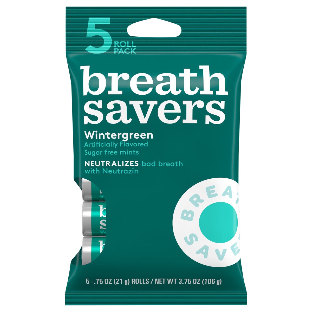 slide 1 of 5, BREATH SAVERS Wintergreen Sugar Free Breath Mints Rolls, 0.75 oz (5 Count), 5 ct