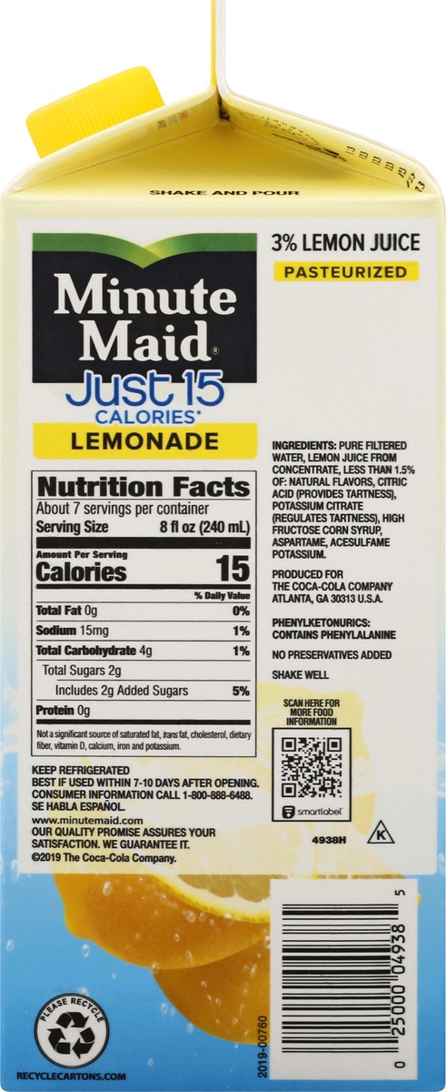 slide 6 of 9, Minute Maid Just 15 Calories, Lemonade Carton, 59 fl oz, 59 fl oz