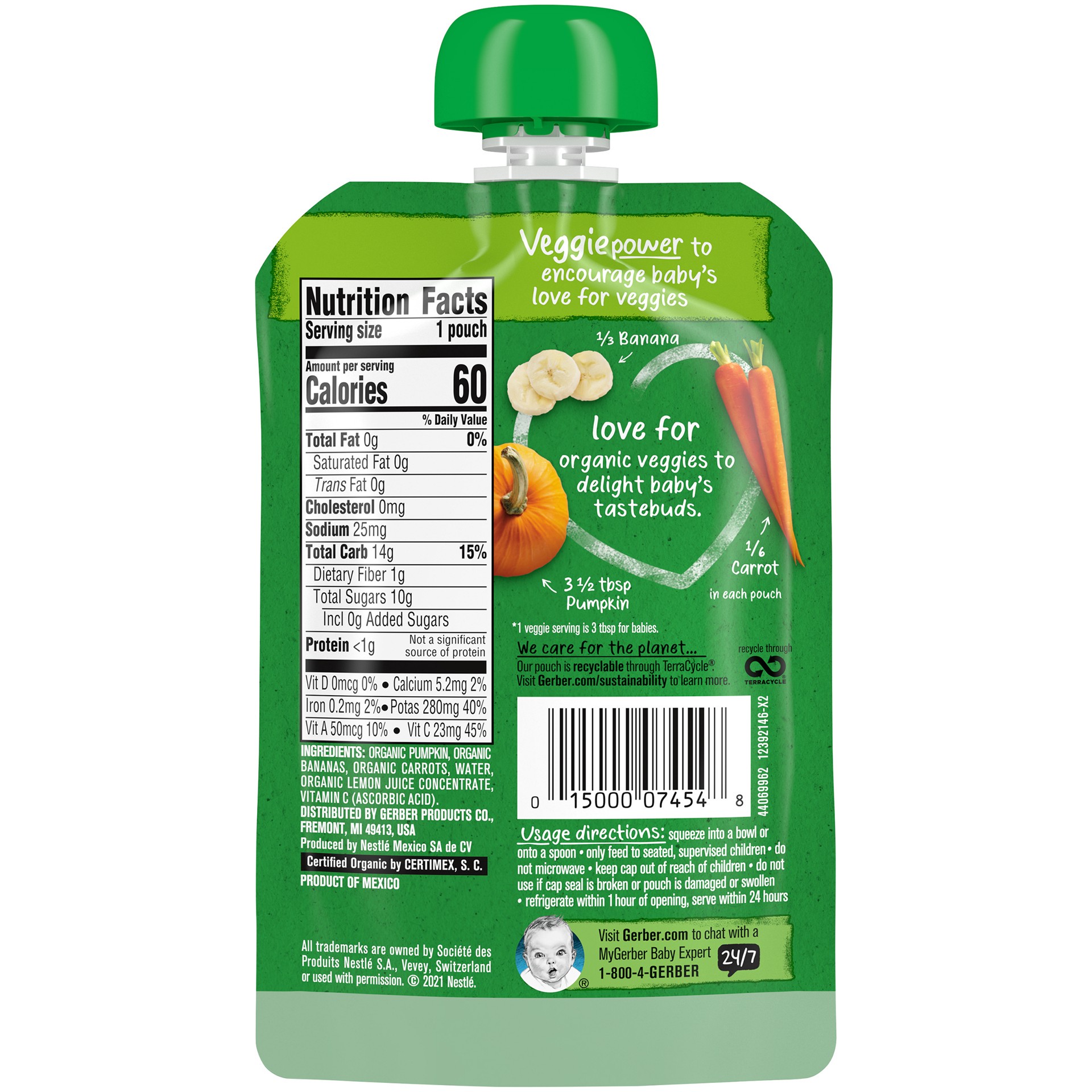 slide 2 of 5, Gerber 2nd Foods Organic Pumpkin Banana Carrot Baby Food, 3.5 Oz Pouch, 3.5 oz