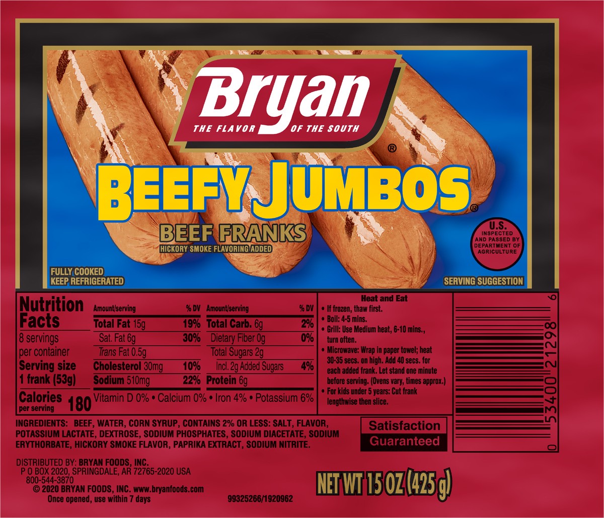 slide 8 of 8, Bryan Beefy Jumbos Beef Hot Dogs, 8 Count, 425.24 g