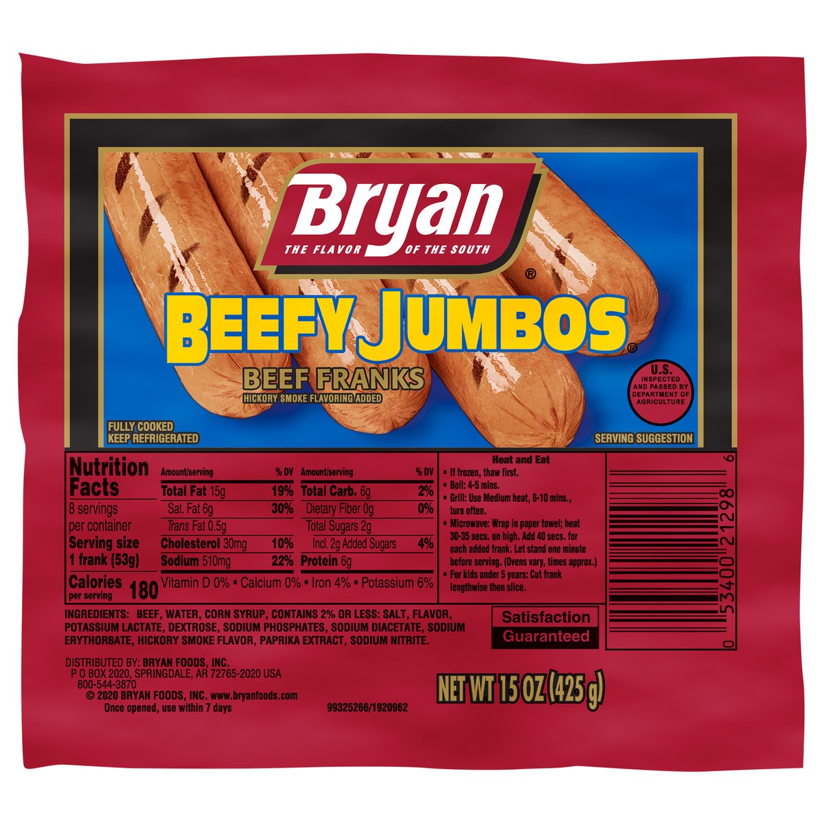 slide 1 of 8, Bryan Beefy Jumbos Beef Hot Dogs, 8 Count, 425.24 g