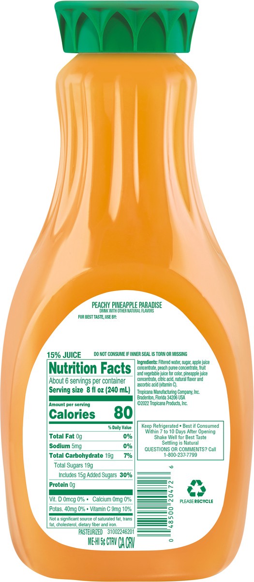 slide 5 of 7, Tropicana Drink, Peachy Pineapple Paradise- 52 fl oz, 52 fl oz