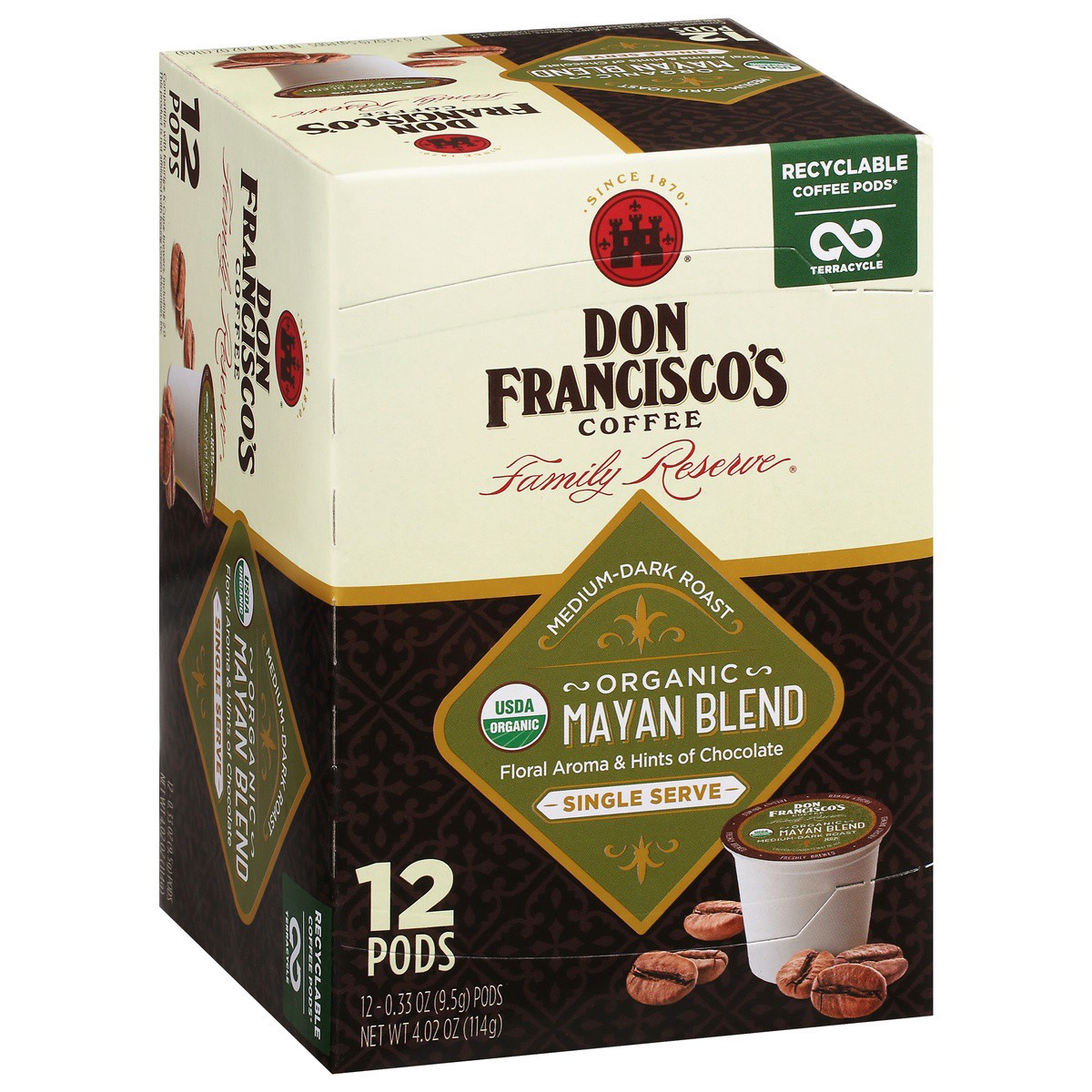 slide 7 of 9, Don Francisco's Coffee, Organic, Medium-Dark Roast, Mayan Blend, Single Serve Cups - 12 ct, 12 ct