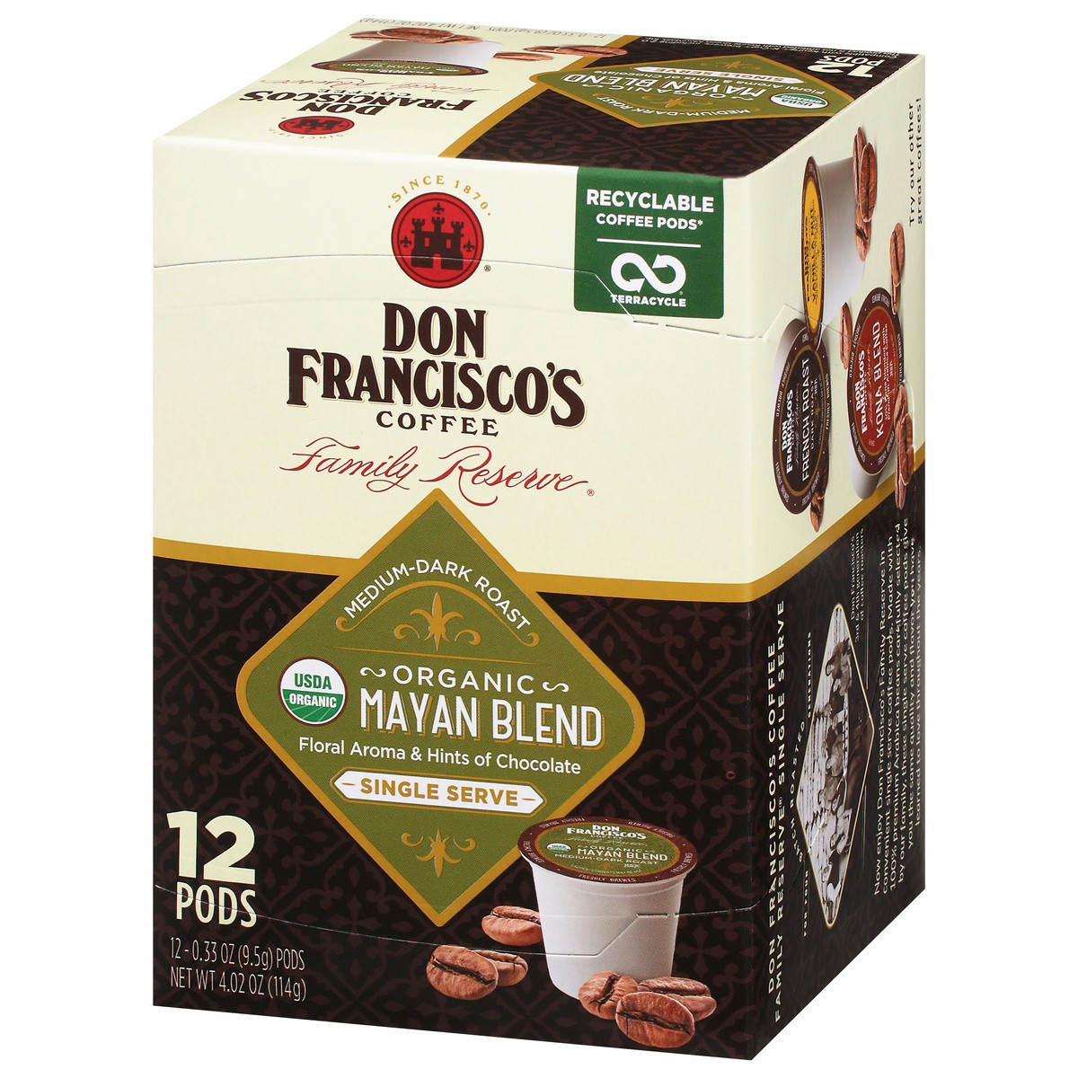 slide 6 of 9, Don Francisco's Coffee, Organic, Medium-Dark Roast, Mayan Blend, Single Serve Cups - 12 ct, 12 ct