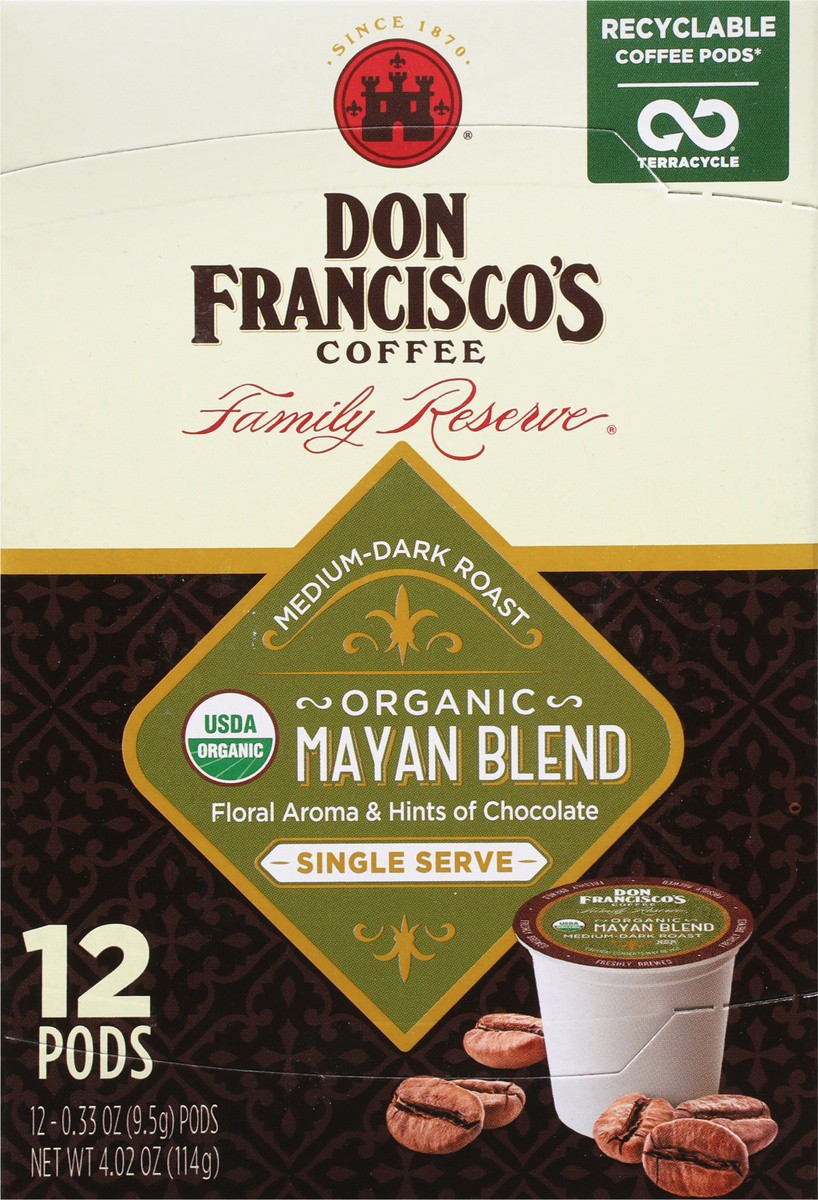 slide 2 of 9, Don Francisco's Coffee, Organic, Medium-Dark Roast, Mayan Blend, Single Serve Cups - 12 ct, 12 ct