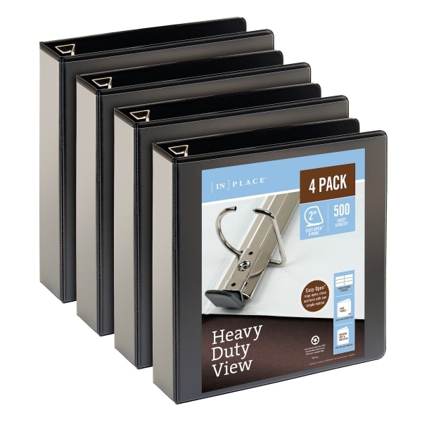 slide 1 of 7, Office Depot [In]Place Heavy-Duty View 3-Ring Binder, 2'' D-Rings, Black, Pack Of 4, 4 ct