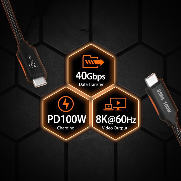 slide 7 of 7, J5Create Usb4 Gen 3 Full-Featured Usb-C Braided Cable, 3.9', Black, Jucx27L12, 1 ct