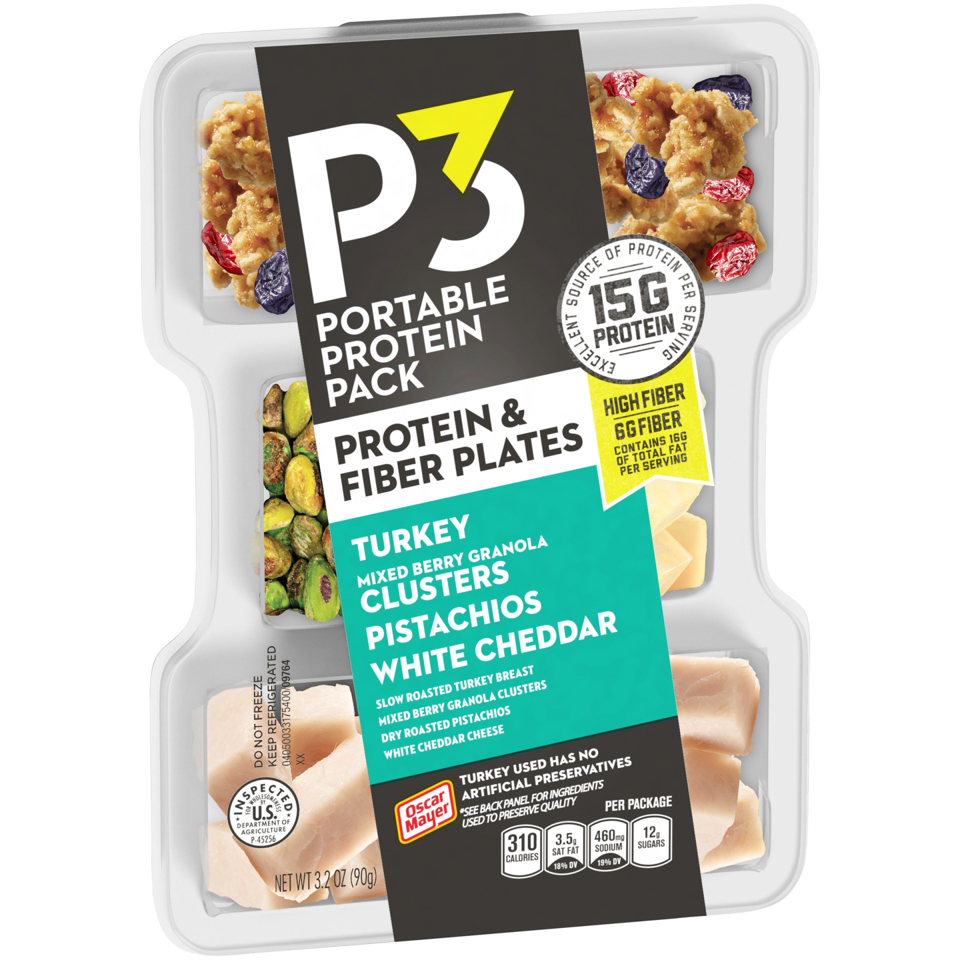 slide 2 of 6, P3 Portable Protein Snack Pack & Fiber Plate with Turkey, Mixed Berry Granola Clusters, Pistachios & White Cheddar Cheese Tray, 3.2 oz