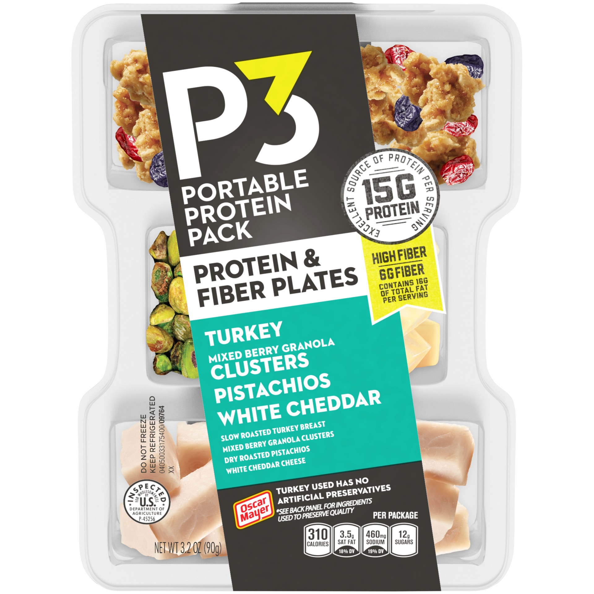 slide 1 of 6, P3 Portable Protein Snack Pack & Fiber Plate with Turkey, Mixed Berry Granola Clusters, Pistachios & White Cheddar Cheese Tray, 3.2 oz