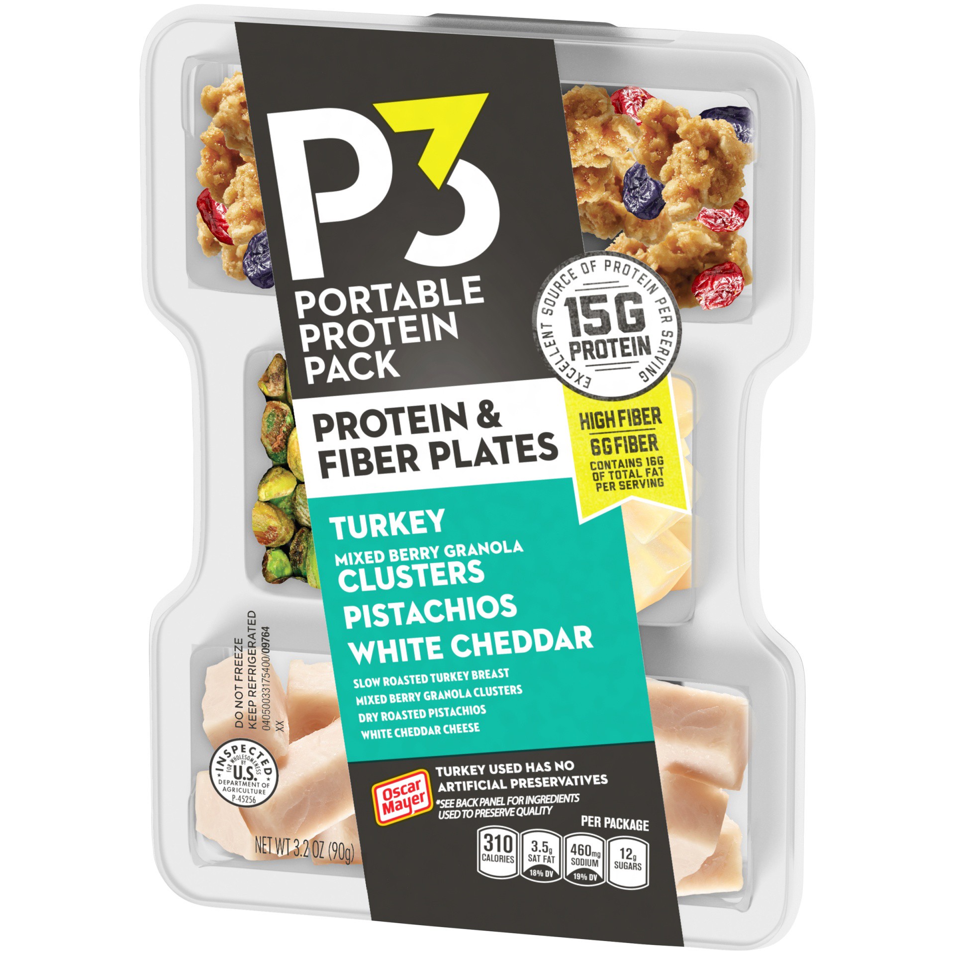 slide 3 of 6, P3 Portable Protein Snack Pack & Fiber Plate with Turkey, Mixed Berry Granola Clusters, Pistachios & White Cheddar Cheese Tray, 3.2 oz