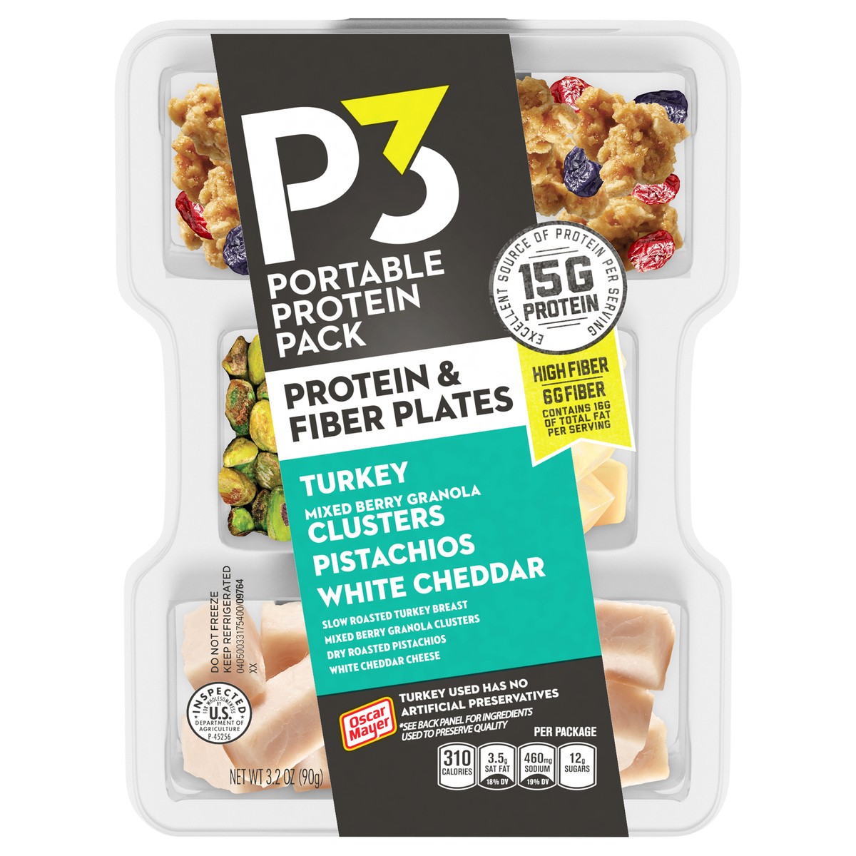 slide 1 of 6, P3 Portable Protein Snack Pack & Fiber Plate with Turkey, Mixed Berry Granola Clusters, Pistachios & White Cheddar Cheese Tray, 3.2 oz