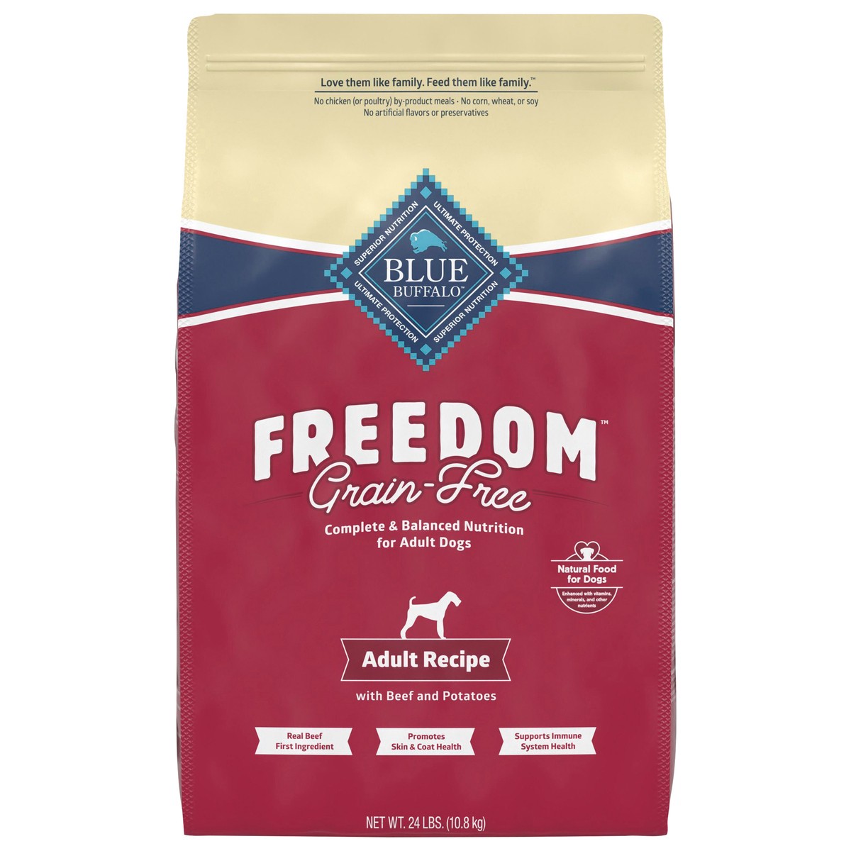 slide 1 of 10, Blue Buffalo Freedom Grain-Free Dry Dog Food, Complete & Balanced Nutrition for Adult Dogs, Beef & Potatoes, 24-lb Bag, 24 lb