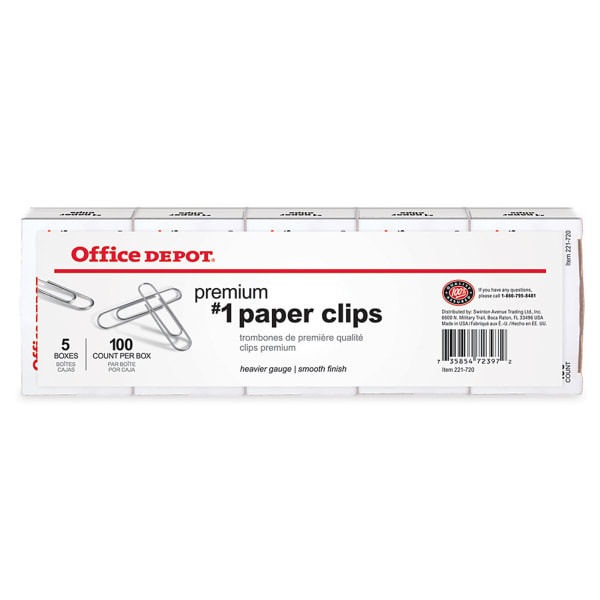 slide 1 of 1, Office Depot Brand Paper Clips, No. 1, Silver, 100 Clips Per Box, Pack Of 5 Boxes, 5 ct