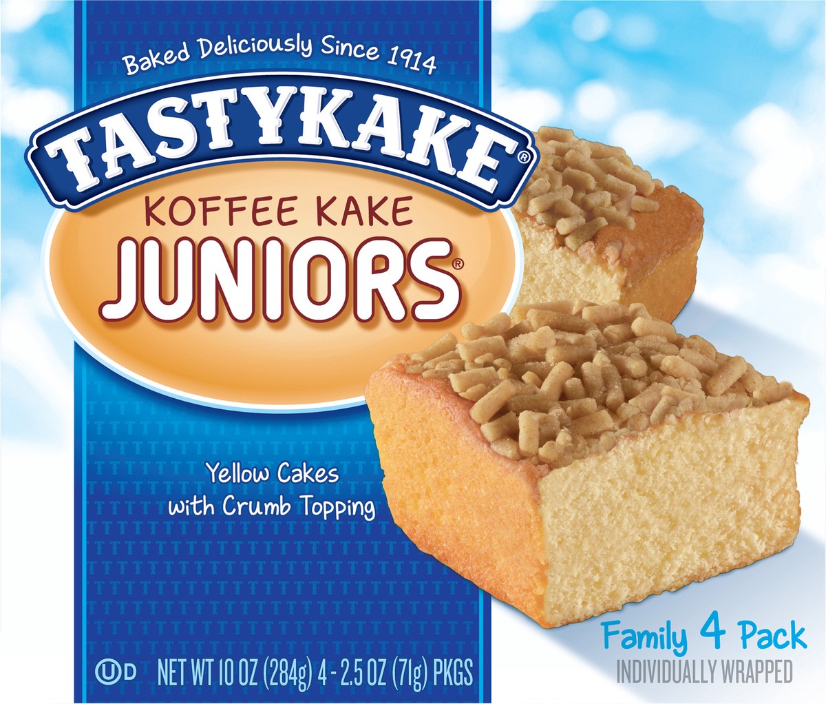 slide 3 of 13, Tastykake Koffee Kake Juniors, 4 Count, 4 Individually Wrapped Yellow Cakes with Crumb Topping, 4 ct