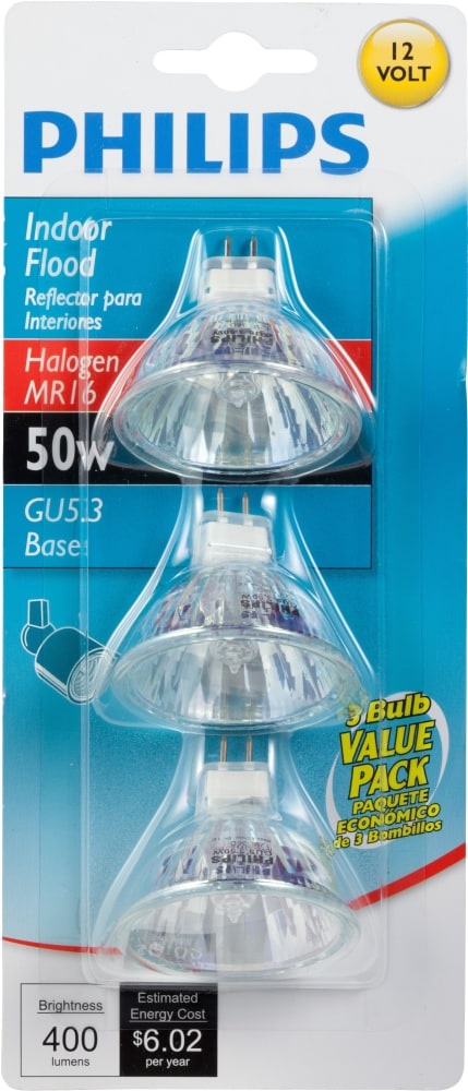 slide 1 of 1, Philips 50-Watt Gu5.3 Base Mr16 Halogen Indoor Floodlight Bulbs, 3 ct