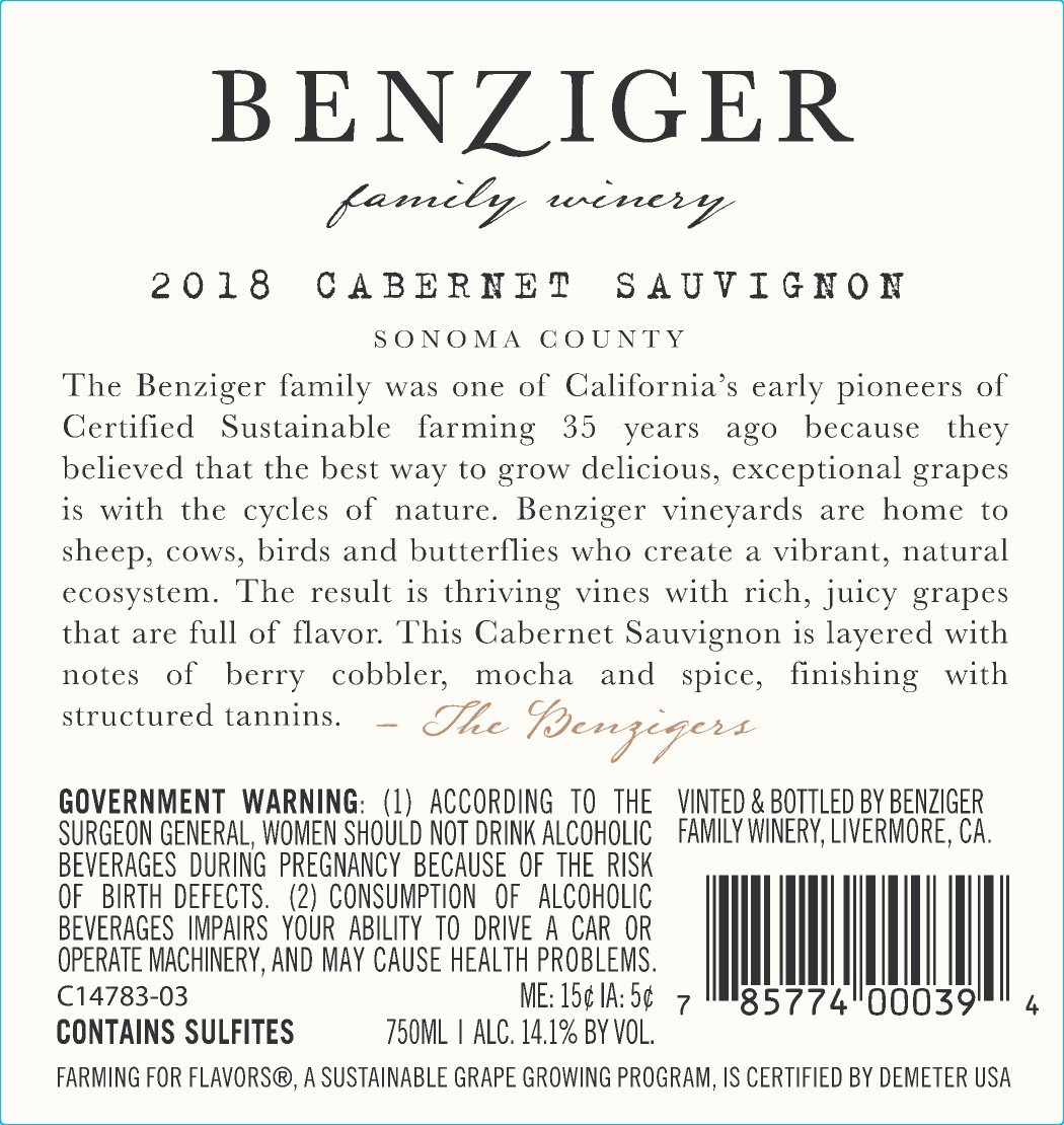 slide 5 of 5, Benziger Cabernet Sauvignon Red Wine - 750ml, California, 750 ml