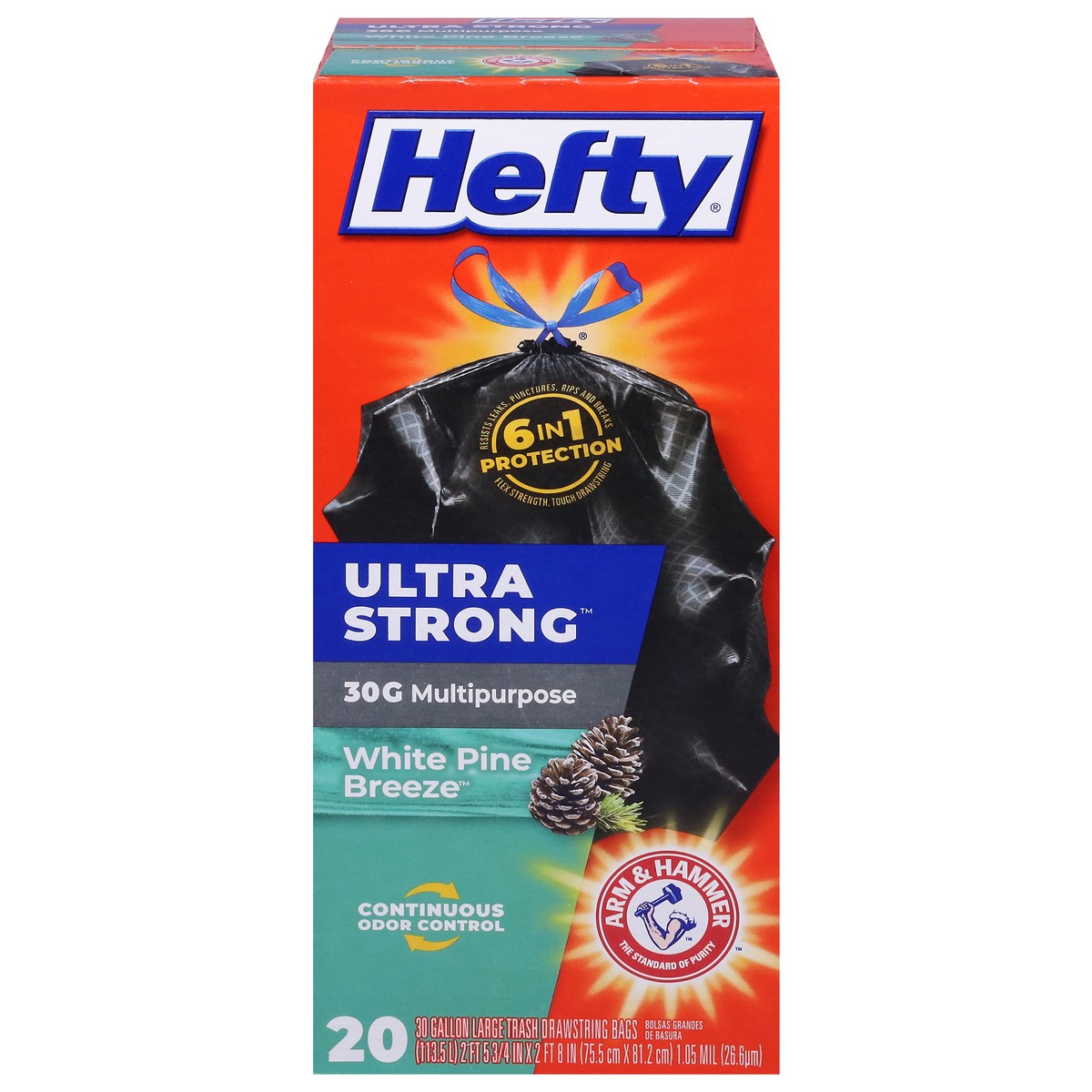 slide 1 of 1, Hefty Ultra Strong 30 Gallon Drawstring While Pine Breeze Trash Bags 20 ea, 20 ct