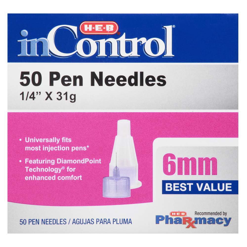 slide 1 of 1, H-E-B InControl Pen Needles - 6mm, 50 ct
