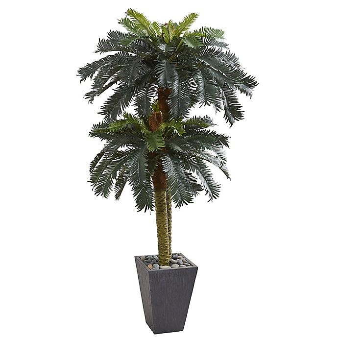 slide 1 of 1, Nearly Natural Artificial Double Sago Palm Tree with Slate Planter, 72 in