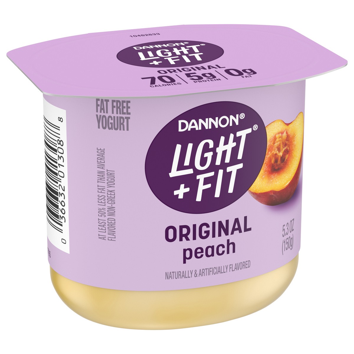 slide 2 of 13, Light + Fit Dannon Light + Fit Peach Original Nonfat Yogurt, 0 Fat and 70 Calories, Creamy and Delicious Peach Yogurt, 5.3 OZ Cup, 5.3 oz