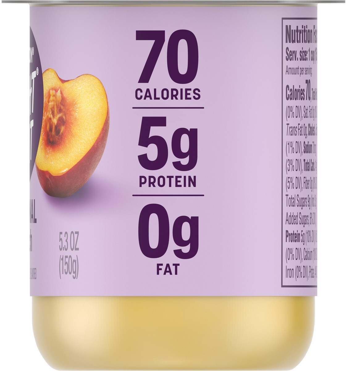 slide 5 of 13, Light + Fit Dannon Light + Fit Peach Original Nonfat Yogurt, 0 Fat and 70 Calories, Creamy and Delicious Peach Yogurt, 5.3 OZ Cup, 5.3 oz