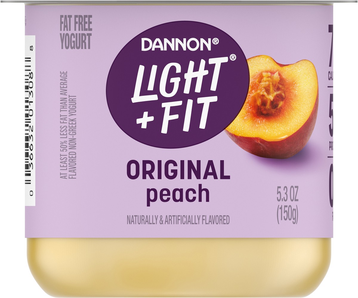 slide 6 of 13, Light + Fit Dannon Light + Fit Peach Original Nonfat Yogurt, 0 Fat and 70 Calories, Creamy and Delicious Peach Yogurt, 5.3 OZ Cup, 5.3 oz