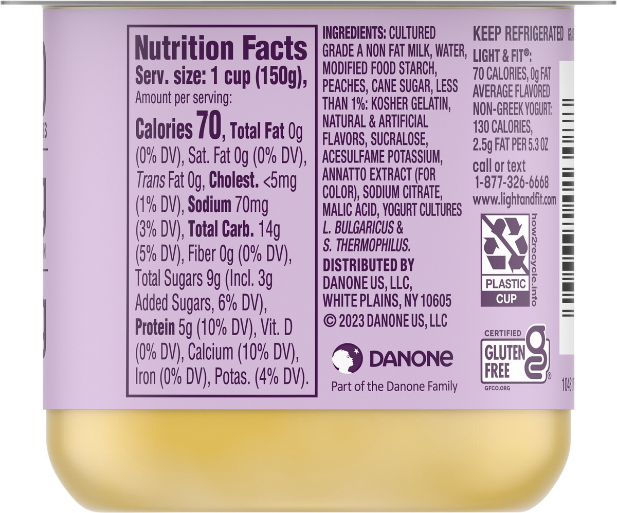 slide 10 of 13, Light + Fit Dannon Light + Fit Peach Original Nonfat Yogurt, 0 Fat and 70 Calories, Creamy and Delicious Peach Yogurt, 5.3 OZ Cup, 5.3 oz