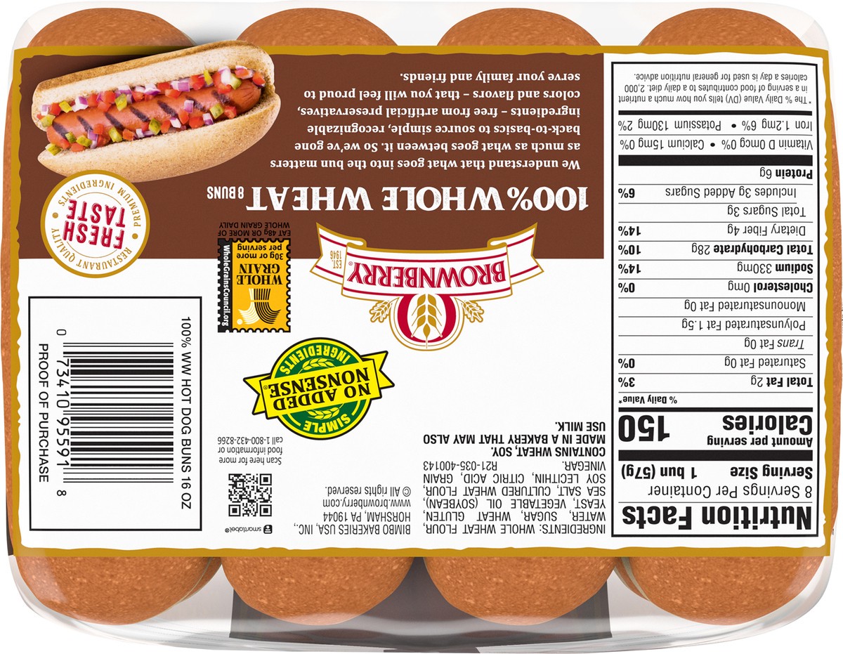 slide 3 of 7, Brownberry Whole Grains 100% Whole Wheat Hot Dog Buns, Soft & Hearty, 8 Buns, 16 oz, 8 ct