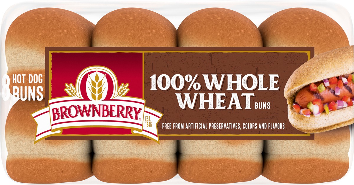 slide 2 of 7, Brownberry Whole Grains 100% Whole Wheat Hot Dog Buns, Soft & Hearty, 8 Buns, 16 oz, 8 ct