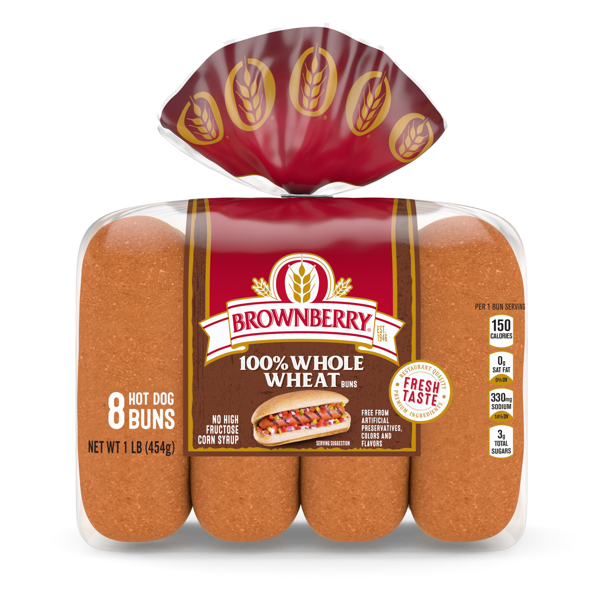 slide 1 of 7, Brownberry Whole Grains 100% Whole Wheat Hot Dog Buns, Soft & Hearty, 8 Buns, 16 oz, 8 ct