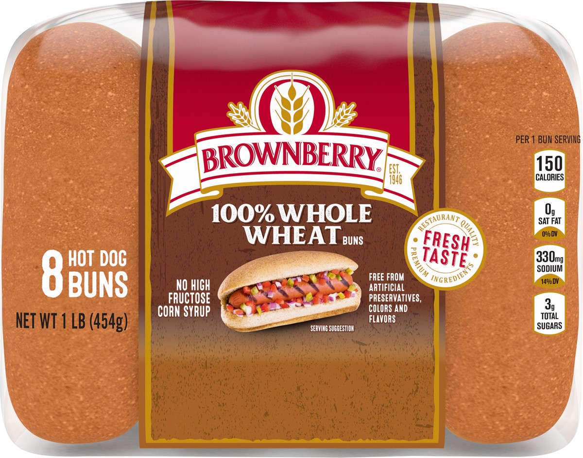 slide 7 of 7, Brownberry Whole Grains 100% Whole Wheat Hot Dog Buns, Soft & Hearty, 8 Buns, 16 oz, 8 ct