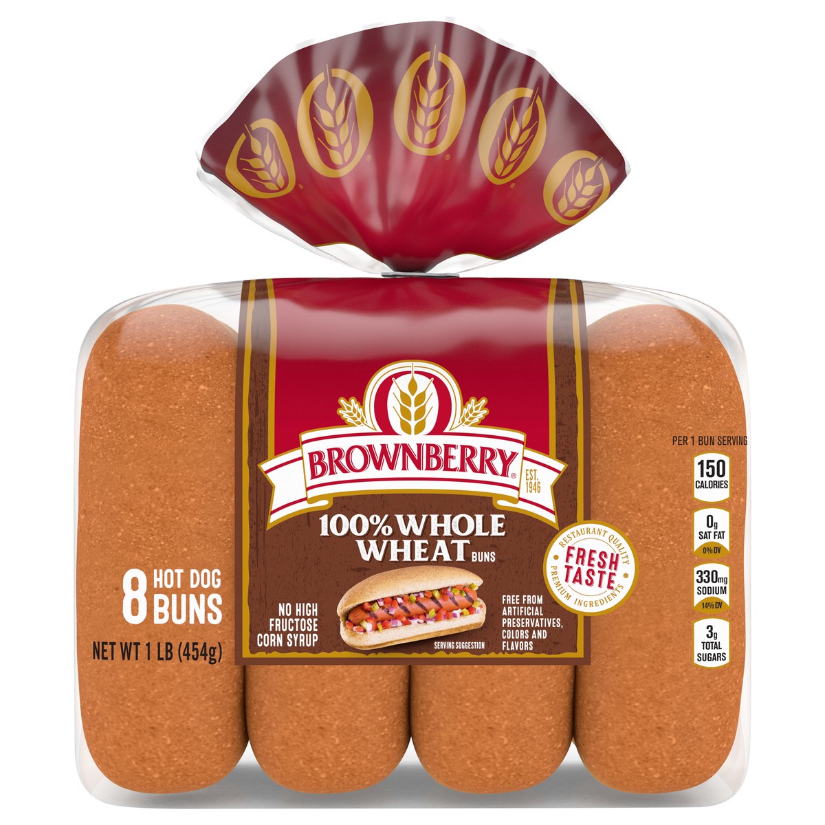 slide 1 of 7, Brownberry 100% Whole Wheat Hot Dog Buns, 8 count, 16 oz, 1 lb