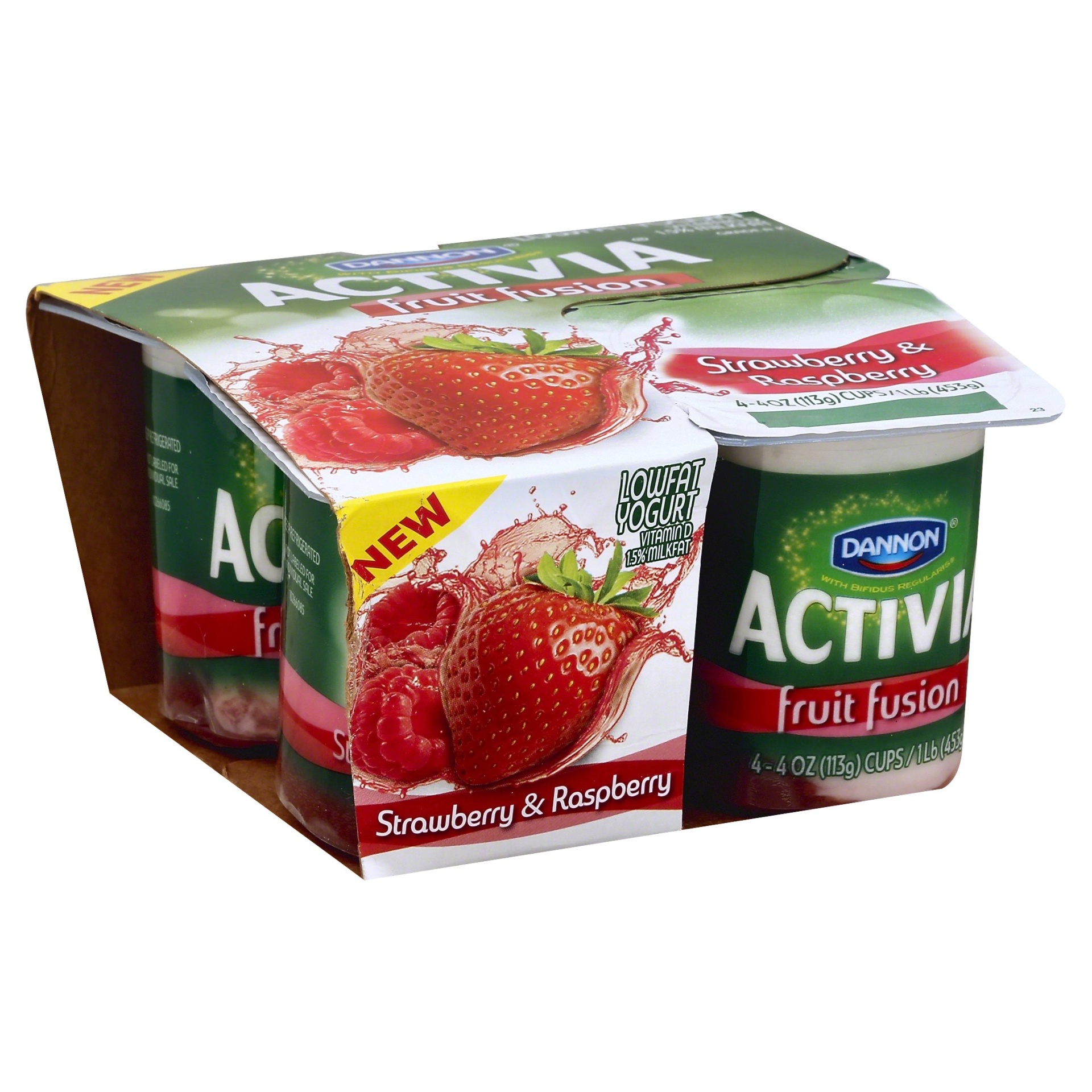 slide 1 of 8, Activia Fruit Fusion Lowfat Yogurt, Strawberry & Raspberry, 4 ct; 4 oz