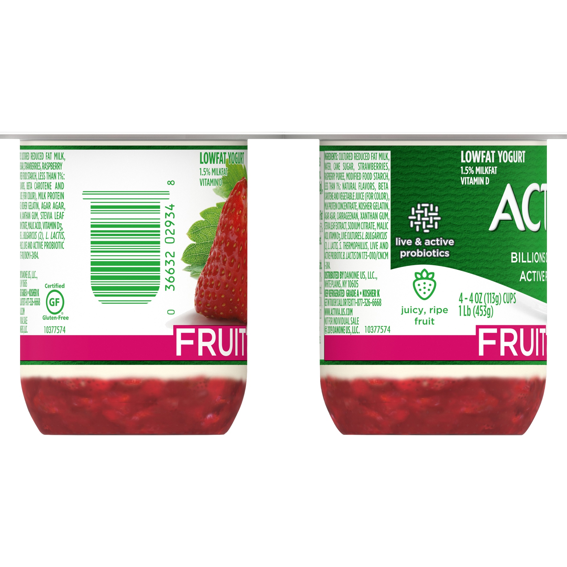 slide 4 of 8, Activia Fruit Fusion Lowfat Yogurt, Strawberry & Raspberry, 4 ct; 4 oz