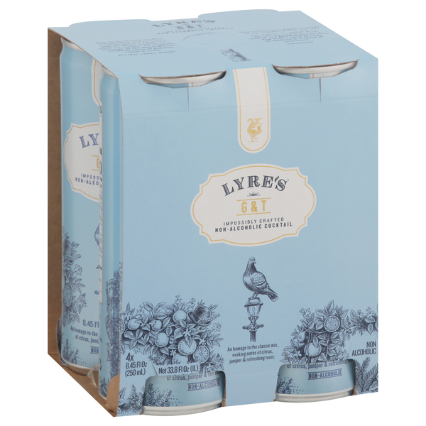 slide 1 of 1, Lyre's Cocktail, Non-Alcoholic, G & T, 4pk, 250 ml