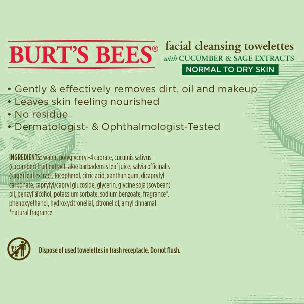 slide 27 of 134, Burt's Bees Normal To Dry Skin Facial Cleansing Towelettes With Cucumber & Sage Extracts, 30 ct