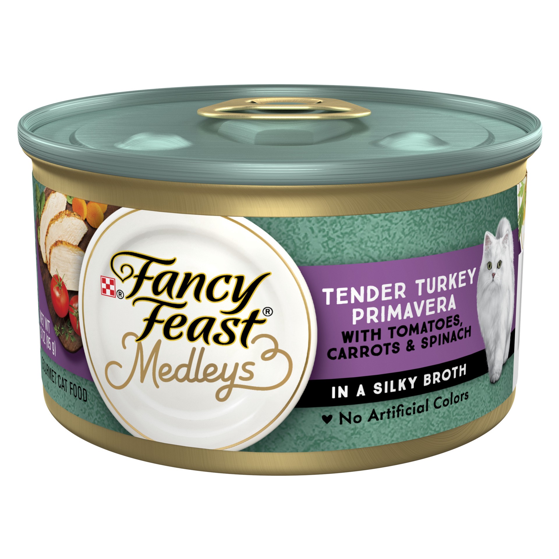 slide 1 of 6, Fancy Feast Purina Fancy Feast Wet Cat Food, Medleys Tender Turkey Primavera With Tomatoes, Carrots and Spinach in Broth, 3 oz