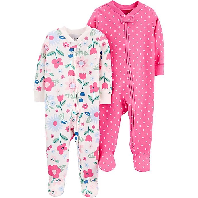 slide 1 of 1, carter's Newborn Flowers/Polka Dots Cotton Zip-Up Sleep & Plays - Pink, 2 ct