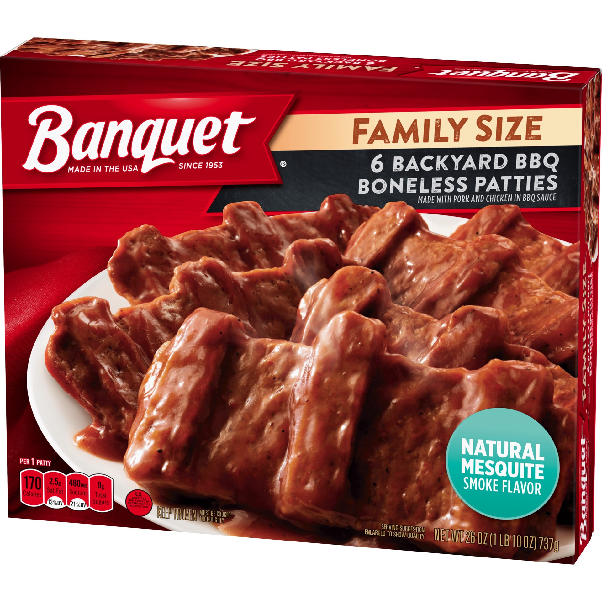 slide 2 of 5, Banquet Family Size Backyard BBQ Boneless Patties, Frozen Meal, 26 OZ, 6 ct