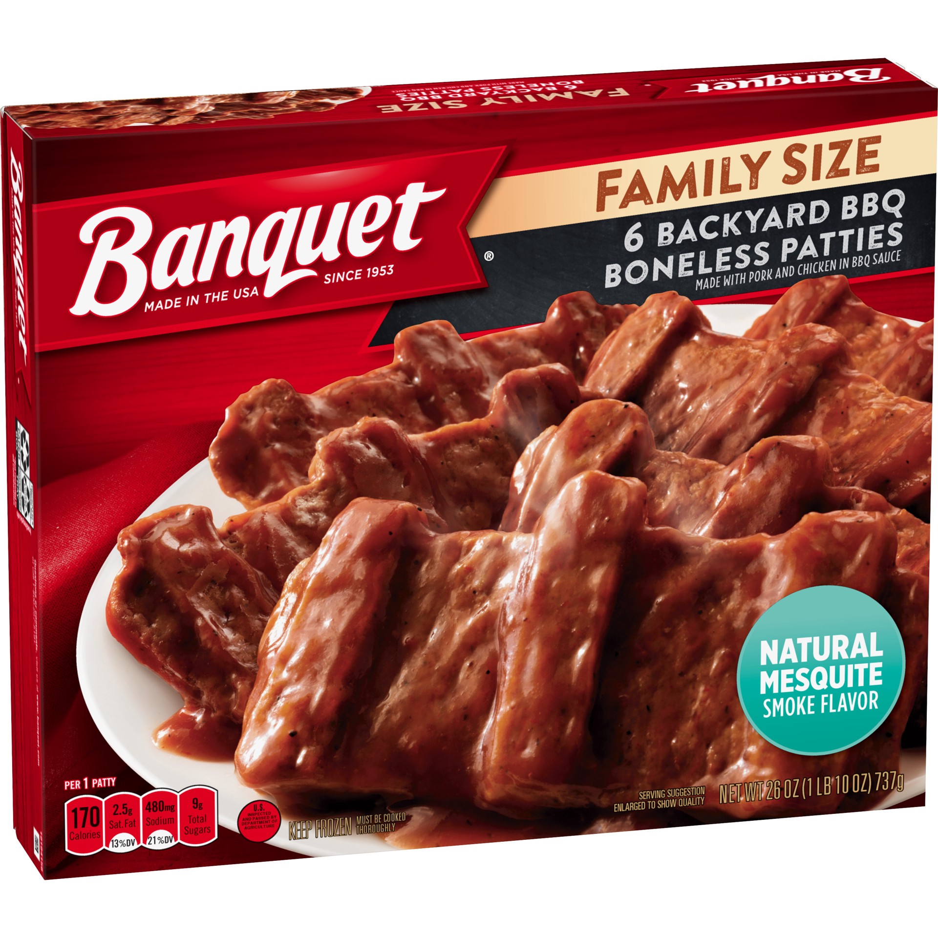 slide 4 of 5, Banquet Family Size Backyard BBQ Boneless Patties, Frozen Meal, 26 OZ, 6 ct