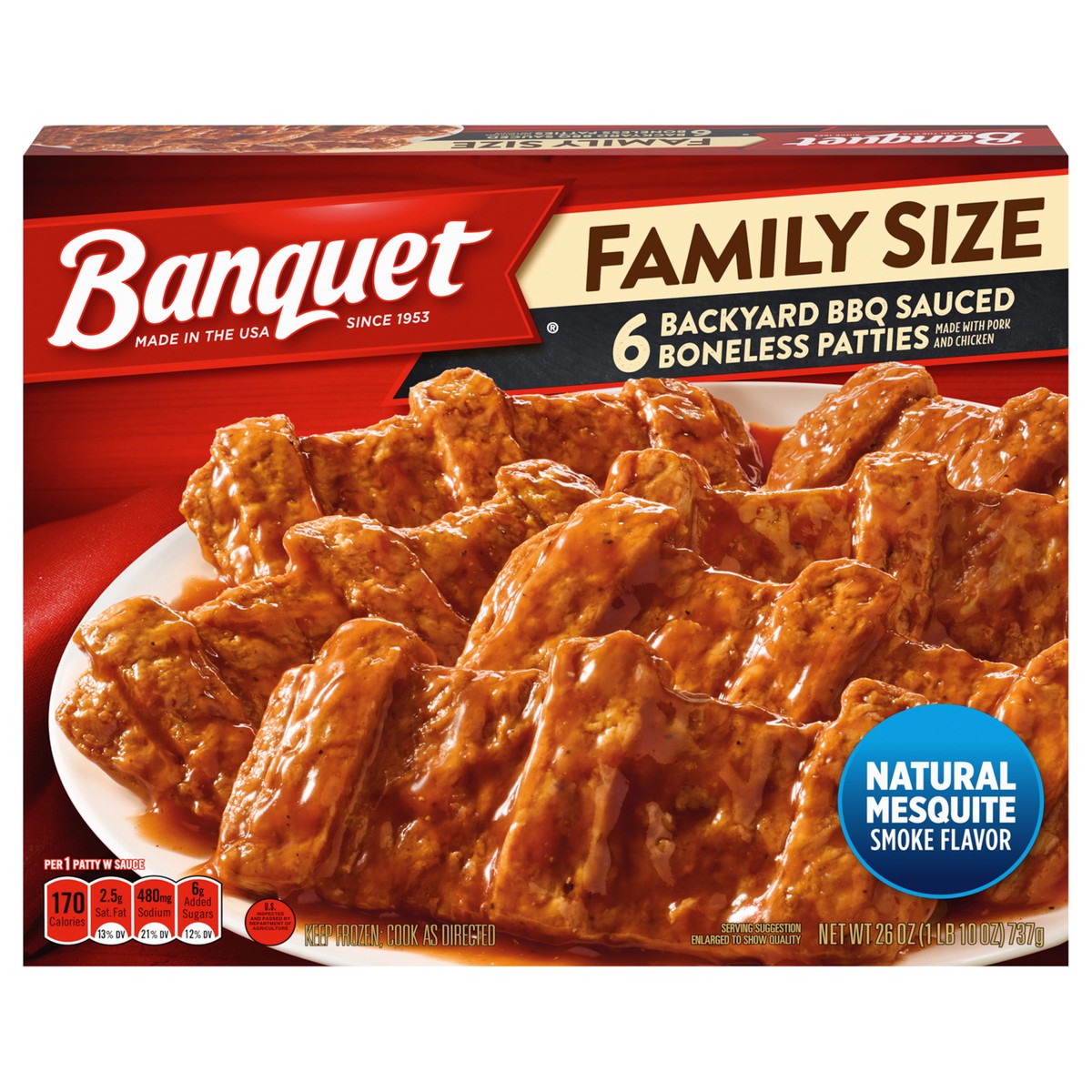 slide 1 of 5, Banquet Family Size Backyard BBQ Boneless Patties, Frozen Meal, 26 OZ, 6 ct