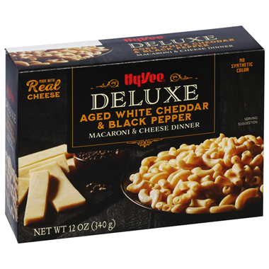 slide 1 of 1, Hy-Vee Macaroni & Cheese Dinner, Deluxe, Aged White Cheddar & Black Pepper, 12 oz