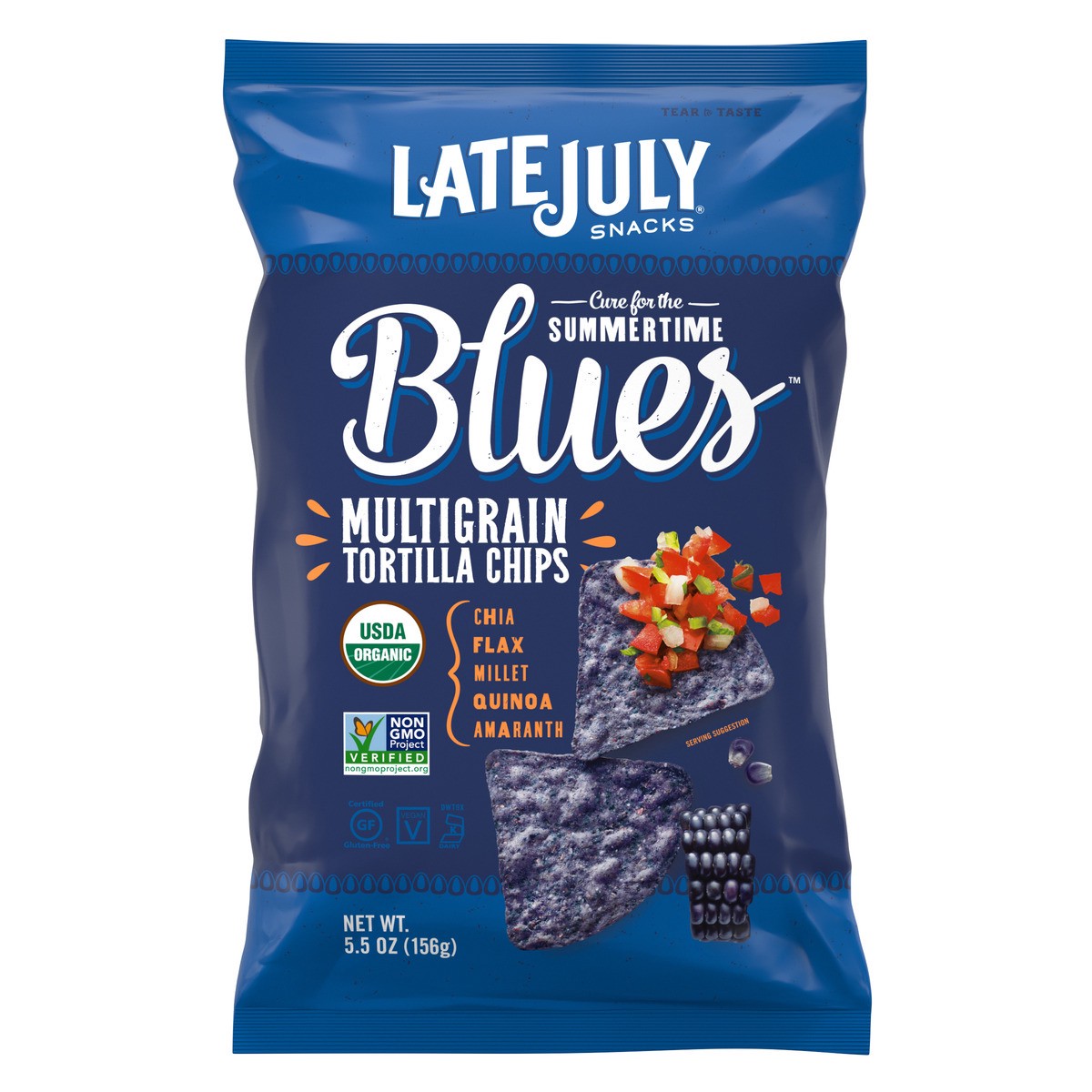 slide 1 of 5, LATE JULY Snacks Multigrain Summertime Blues Tortilla Chips, 5.5 oz. Bag, 5.5 oz