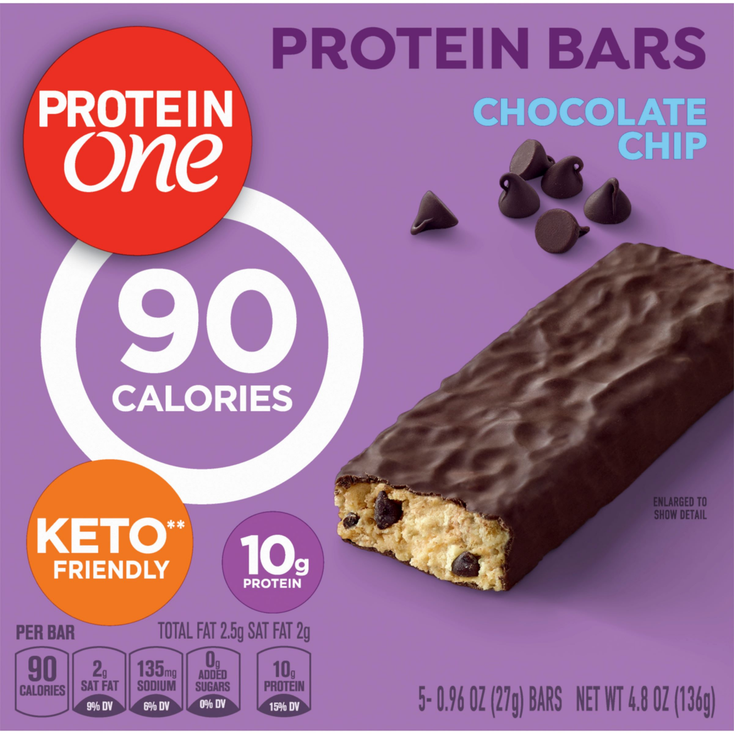 slide 2 of 6, Protein One 90 Calorie Protein Bars, Chocolate Chip, Keto Friendly, 5 Ct, 4.8 oz, 5 ct