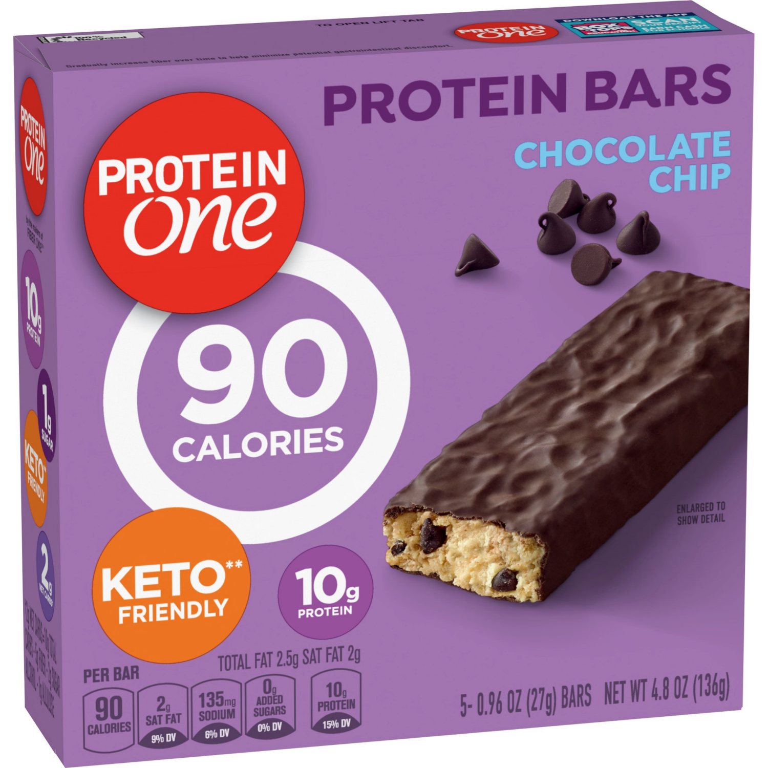 slide 5 of 6, Protein One 90 Calorie Protein Bars, Chocolate Chip, Keto Friendly, 5 Ct, 4.8 oz, 5 ct