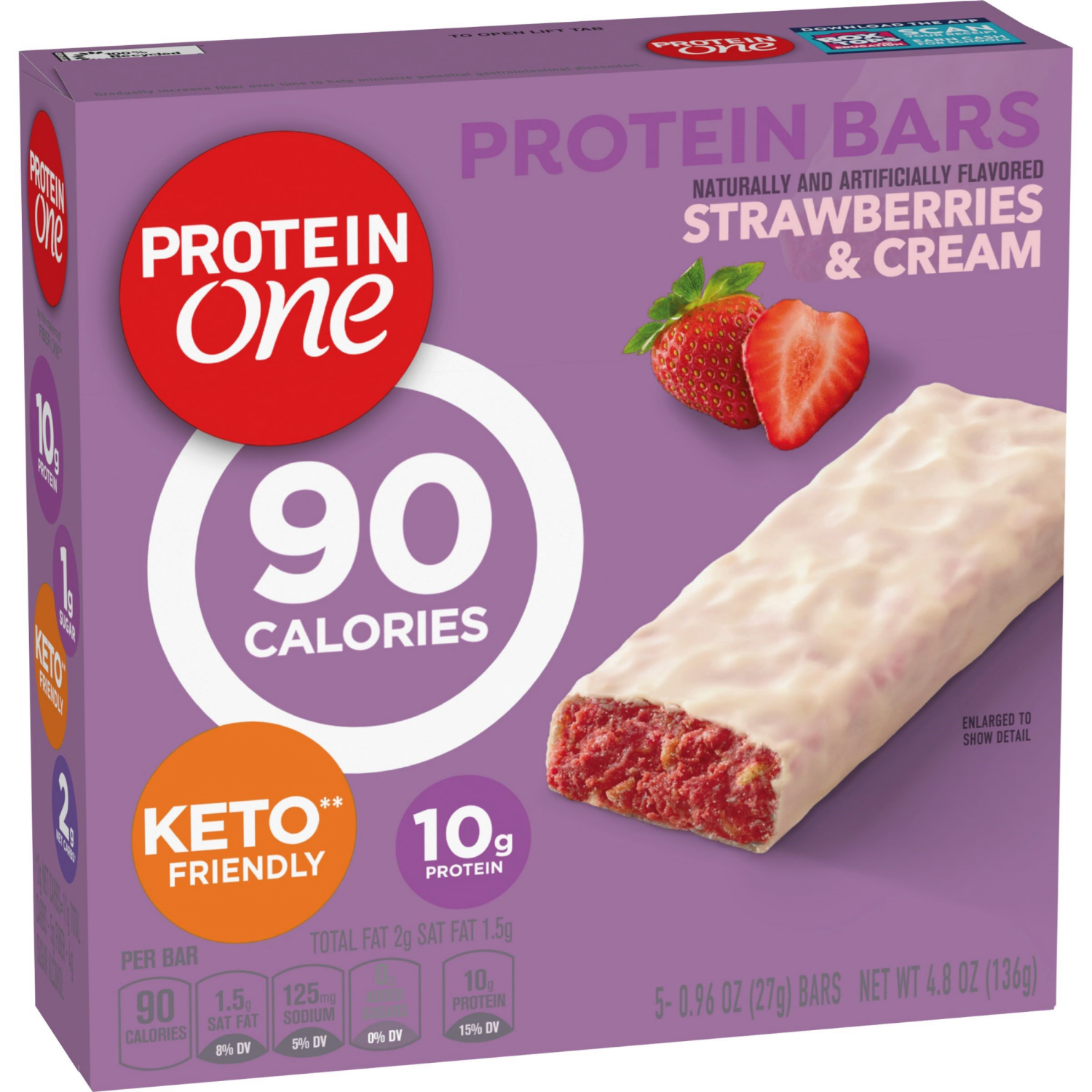 slide 4 of 5, Protein One 90 Calorie Protein Bars, Strawberries and Cream, Keto Friendly, 5 Ct, 4.8 oz, 5 ct