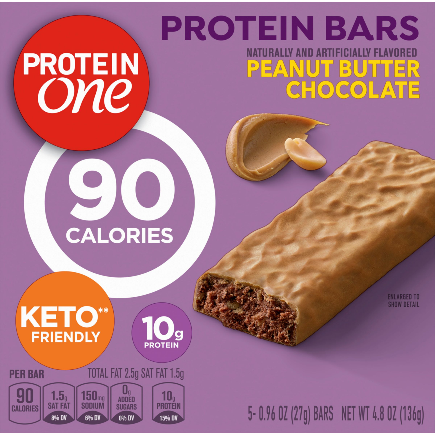 slide 2 of 6, Protein One 90 Calorie Protein Bars, Peanut Butter Chocolate, Keto Friendly, 5 Ct, 4.8 oz, 5 ct; 0.96 oz