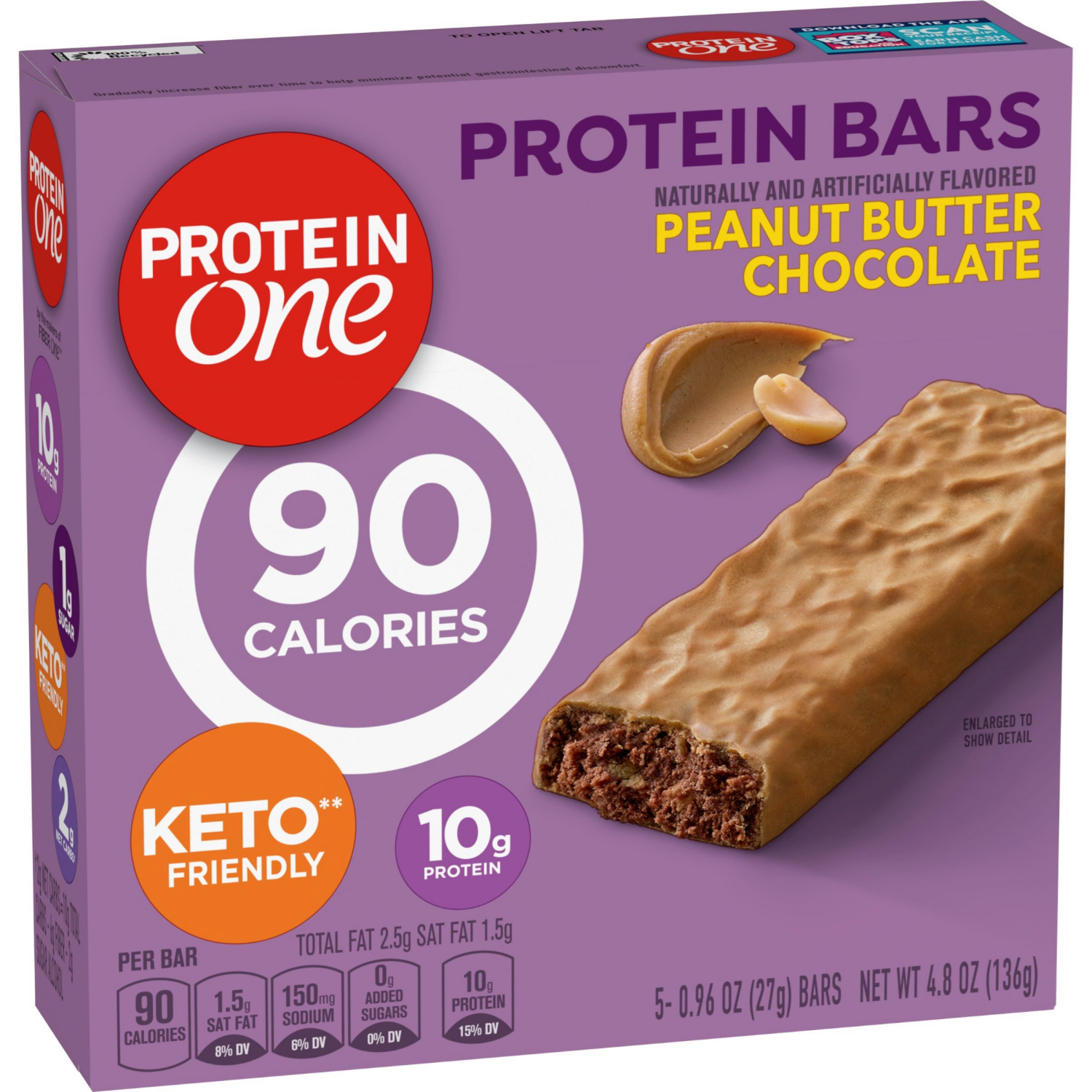 slide 5 of 6, Protein One 90 Calorie Protein Bars, Peanut Butter Chocolate, Keto Friendly, 5 Ct, 4.8 oz, 5 ct; 0.96 oz